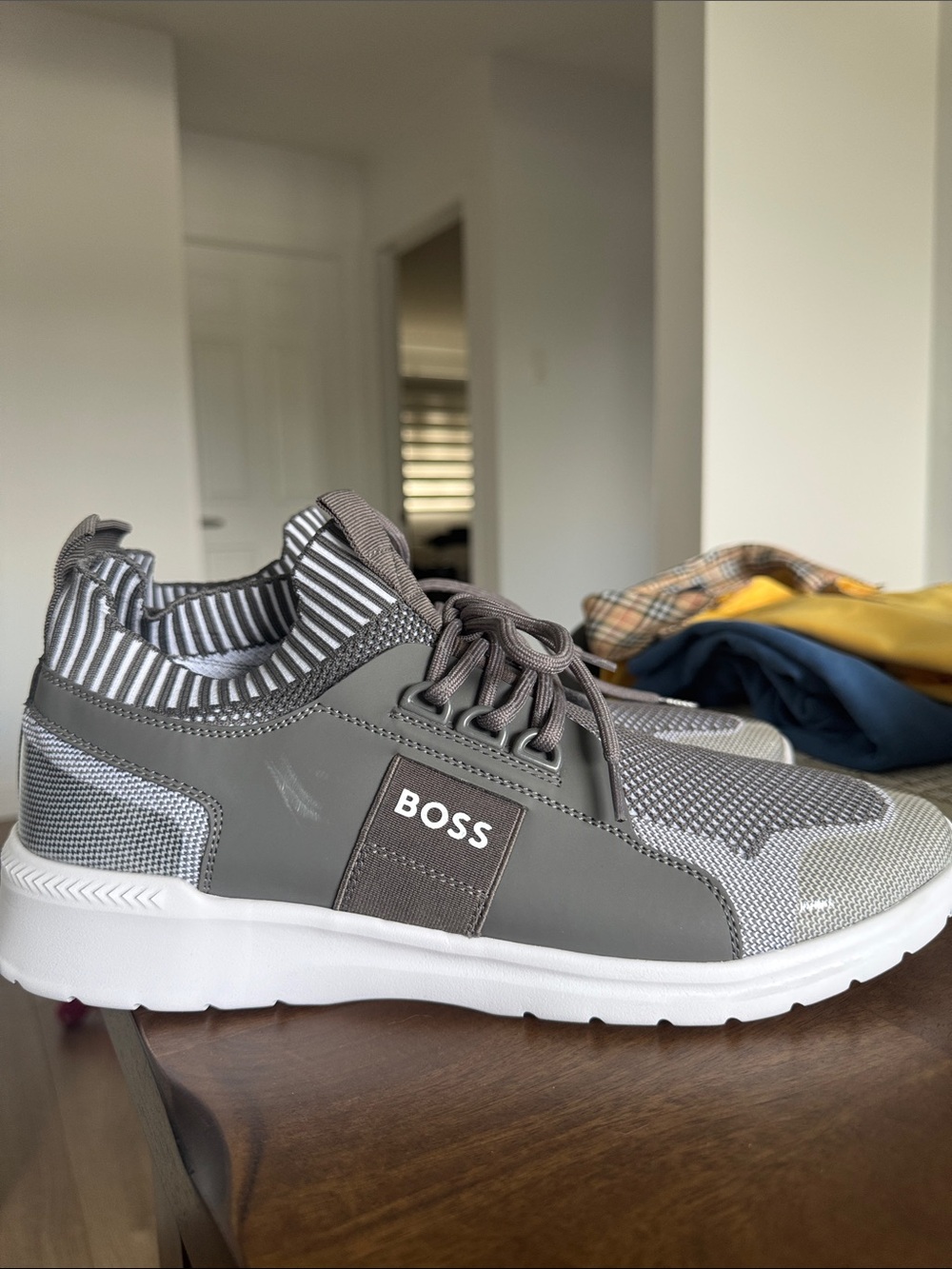 Boss Men's Grey Knit Lace-Up Sneakers with White Sole